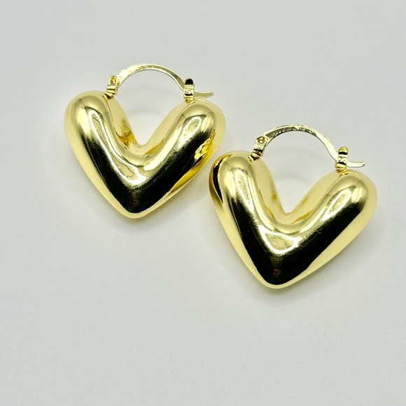 18K Shiny Gold Puffy Heart Hoop Earrings - Statement Jewelry - Picture 2 of 5